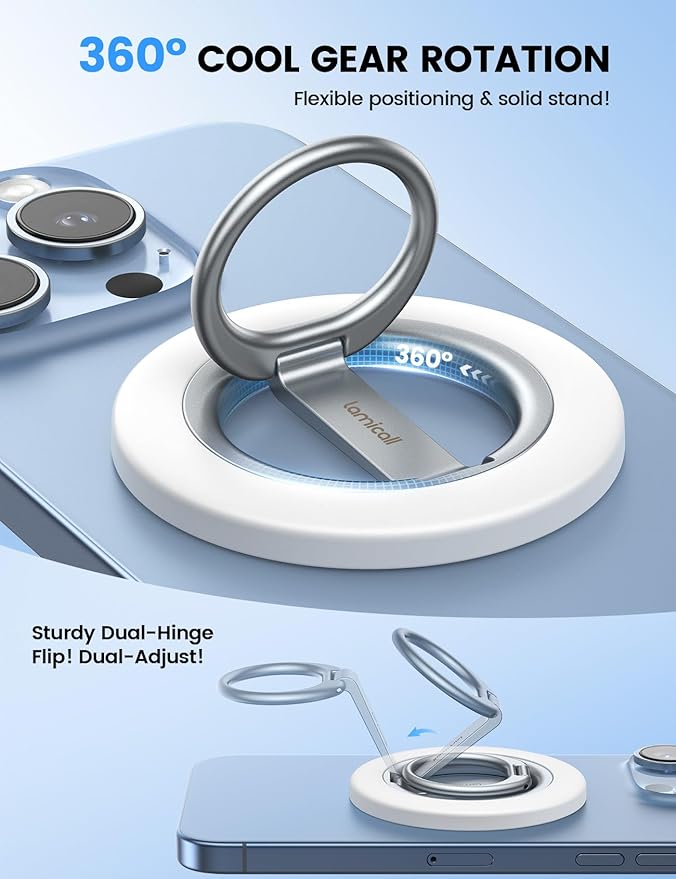 Lamicall Magnetic Phone Ring Grip Stand - [Stable Dual-Hinge] Ring Kickstand 360° Rotation Finger Holder [Super Magnet] Ring Grip, for MagSafe Accessories for iPhone 17 16 15 14 Pro Max, White