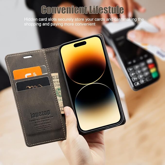 japezop Compatible with iPhone 14 Pro Wallet Case with [RFID Blocking] Credit Card Slots Folio Magnetic Stand,Leather Flip Case Wallet for iPhone 14 Pro 5G 6.1 Inch (Coffee)