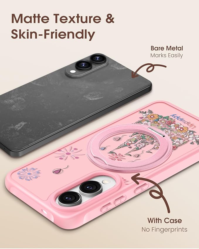 for Samsung Galaxy S25 Edge Case with 360° Rotatable Magnetic Ring - Compatible with MagSafe, Semi-Transparent Soft-Touch Material Shockproof, Cute Pink Castle Design for Women Girl