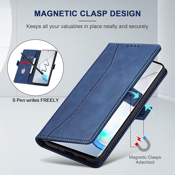 Jasonyu Flip Wallet Case for Samsung Galaxy Note 10 Plus,Leather Magnetic Folio Cover with Card Holder,Kickstand - TPU Shockproof Durable Protective Phone Case,Blue