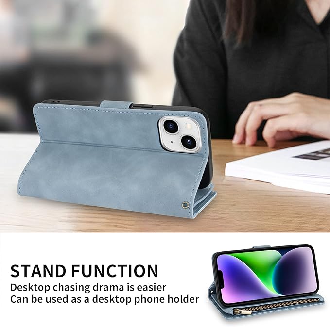 ZZXX for iPhone 14 Plus Case Wallet with [RFID Blocking] Card Slot Premium PU Leather Zipper Flip Folio with Wrist Strap Kickstand Protective Cover for iPhone 14 Plus Wallet Case(Light Blue-6.7 inch)