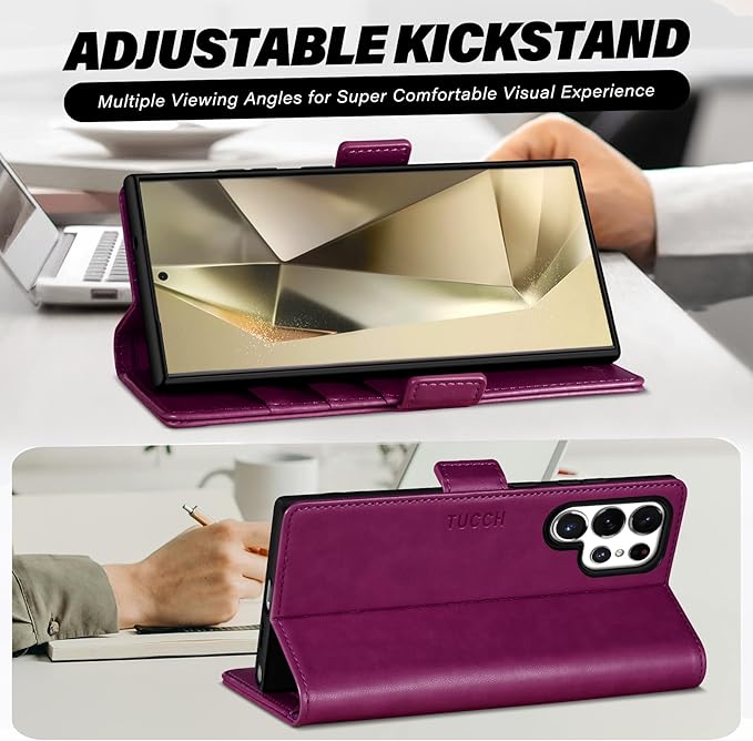 TUCCH Case Wallet for Galaxy S25 Ultra, Kickstand [RFID Blocking] Card Holder, Folio Magnetic PU Leather [TPU Shockproof Interior Case] Protective Cover Compatible with Galaxy S25 Ultra, Plum Purple