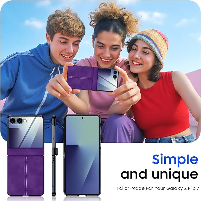 for Samsung Galaxy Z Flip 7 Case with Hinge Protection & Built-in Screen Protector, Ultra Thin Stylish Leather Matte PC Durable Shockproof Cover Phone Case for Galaxy Z Flip 7-Purple