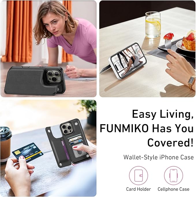 FUNMIKO for iPhone 14 Pro Max Wallet Case with Card Holder, RFID-Blocking, Military-Grade Protection & UV-Printed Artwork, Magnetic Closure with Leather Kickstand - Black