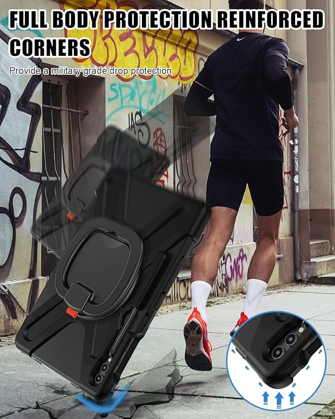 BRAECN Case for Samsung Galaxy Tab S10+/S9 FE+/S9+ Plus 12.4 Inch, Heavy Duty Silicone Case with Screen Protector, S Pen Holder, Stable Kickstand,Shoulder Strap for Galaxy Tab S8+/S7 FE/S7+, Black