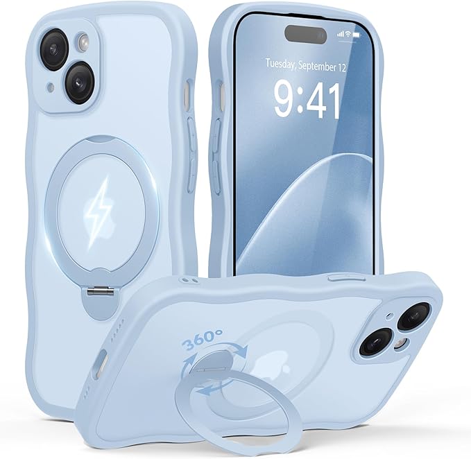 GolbinBox for iPhone 15 Plus Case for Women,[Compatible with Magsafe][360° Spin Magnetic Stand][Cute Wave Edge][Military-Grade Protection] Translucent Matte Phone Case for iPhone 15 Plus, Sky Blue