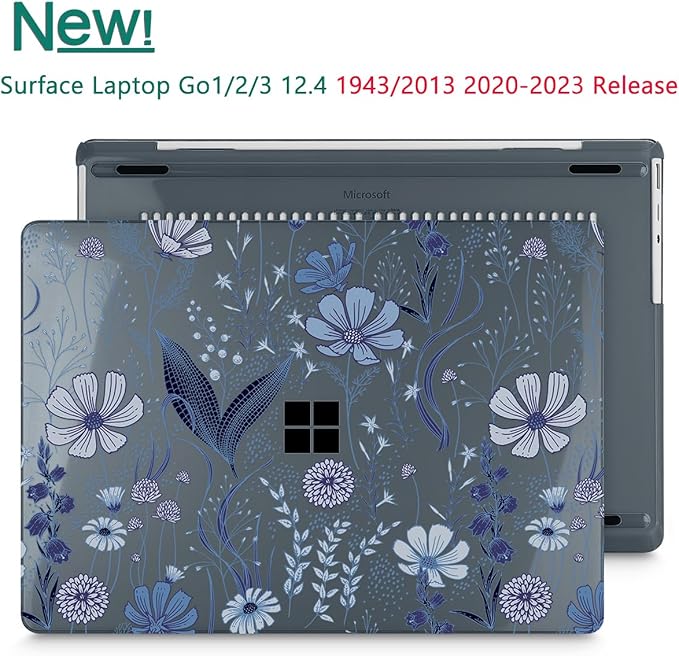 Tuiklol Case for 12.4 Inch Microsoft Surface Laptop Go 3/2 / 1 2023-2020 Releases, Plastic Hard Shell Case with Screen Protector and Keyborad Cover +Dust Plugs Model 2013/1943,Blue Line Floral