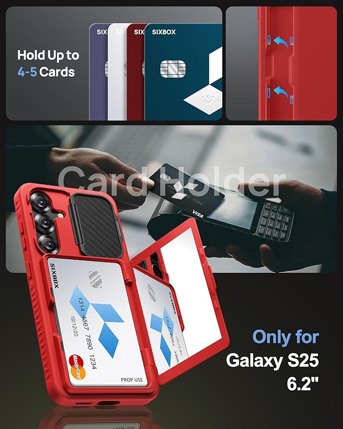 for Samsung Galaxy S25 Case with Card Holder, Built-in Stand & Camera Lens Cover, Shockproof Rugged Silicone Raised Edge Protective Wallet Protective Phone Case for Samsung S25 5G 2025, Red
