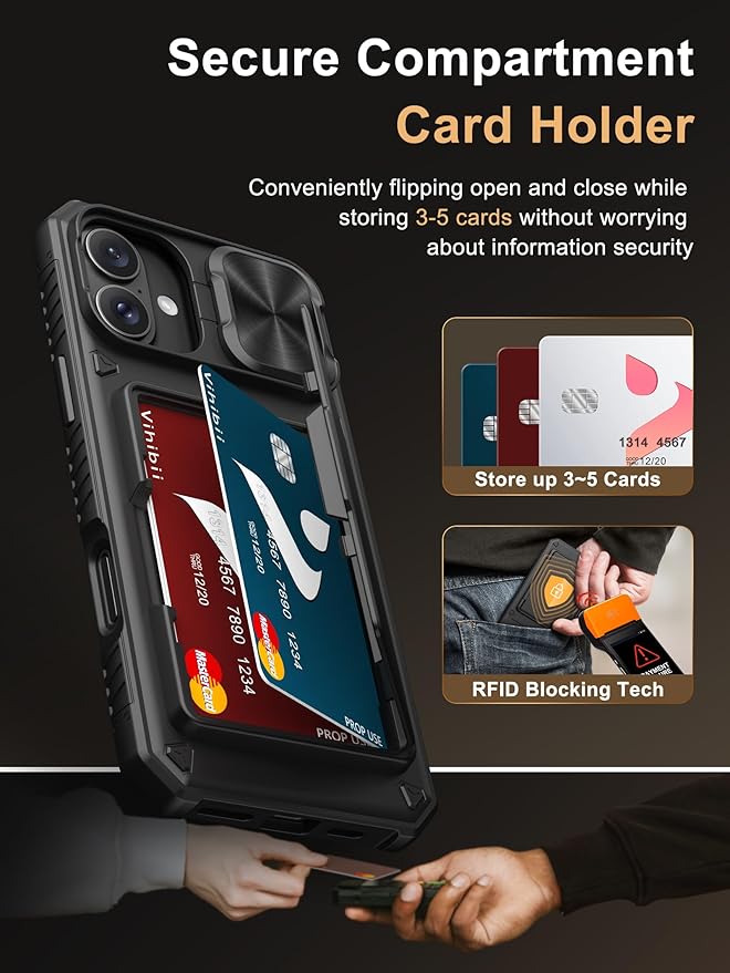 Vihibii for iPhone 16 Plus Case with [2X Screen Protector], Built-in Card Holder (4 Cards), [RFID Blocking] & Slide Camera Cover & Tempered Glass Films, Rugged Wallet Case for 16 Plus 6.7" 2024, Black