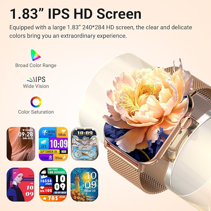 Smart Watches for Women, 1.83" HD Fitness Tracker (Answer/Make Calls), 120+ Sport Modes with Heart Rate/Sleep Monitor, IP68 Waterproof, Fitness Watch for iOS Android, Gold