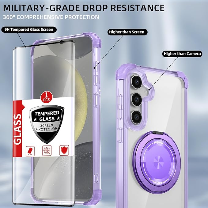 for Samsung Galaxy S24 Case Magnetic Compatible with MagSafe Wireless charging,with 360°Kickstand Ring,for S24 Phone Case with Screen Protector,Military Grade Drop Protection Shockproof Purple