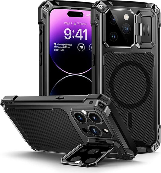Lanhiem Magnetic for iPhone 14 Pro Max Metal Case, [Built-in Camera Kickstand & Glass Screen Protector] Heavy Duty Full Body Rugged Protective Military Magsafe Cover for iPhone 14 Pro Max 6.7" (Black)