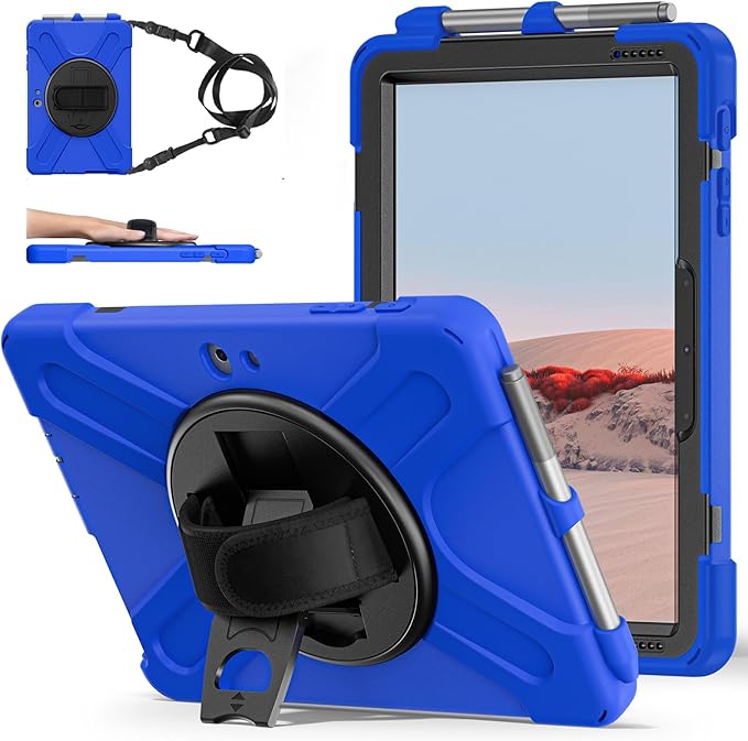 ZenRich Rugged Case for Surface Go 4 (2023)/Surface Go 3 (2021)/ Surface Go 2 (2020), Surface Go (2018) with Pen Holder Heavy Duty Shockproof Case with Stand Hand Strap and Shoulder Belt-Blue