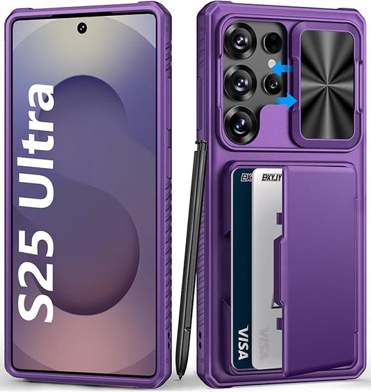for Samsung Galaxy S25 Ultra Wallet Case, Card Holder (4-5 Cards), RFID Block, Slide Camera Cover & Military Grade Drop, Hard Heavy Duty Men Women Phone Case for Samsung Galaxy S25 Ultra, Purple