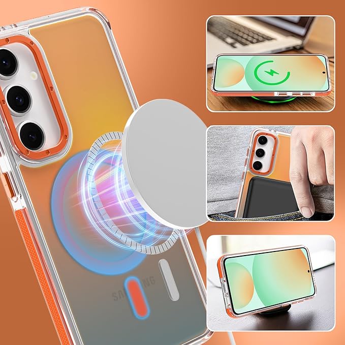MOWIME Magnetic Case for Samsung Galaxy S24 FE [Compatible with Magsafe] [Cute Fashion Fluorescent Design] [1 Screen Protector] Slim Translucent Matte Case for Galaxy S24 FE 6.7", Orange