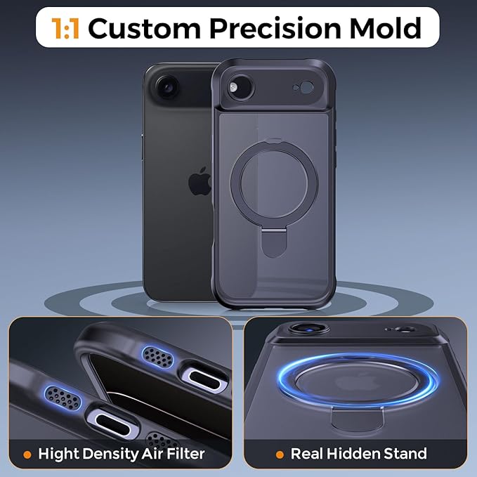 MOCCA Compatible with iPhone Air Case with Magnetic Invisible Stand [Full Camera Protection] [Compatible with Magsafe] Military Drop Shockproof Translucent Matte Phone Case Cover 6.5",Black