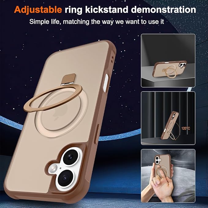 Magnetic Compatible with iPhone 16 Case with Stand [Military Grade Drop Tested][Compatible with Magnet] Ring Translucent Slim Hard Back Soft Edge, Desert Gold