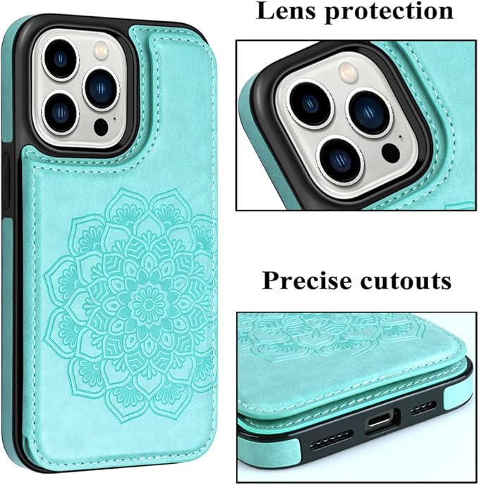 MMHUO for iPhone 15 Pro Case with Card Holder,Flower Magnetic Buttons Protective Wallet Case for Women for iPhone 15 Pro,Mint
