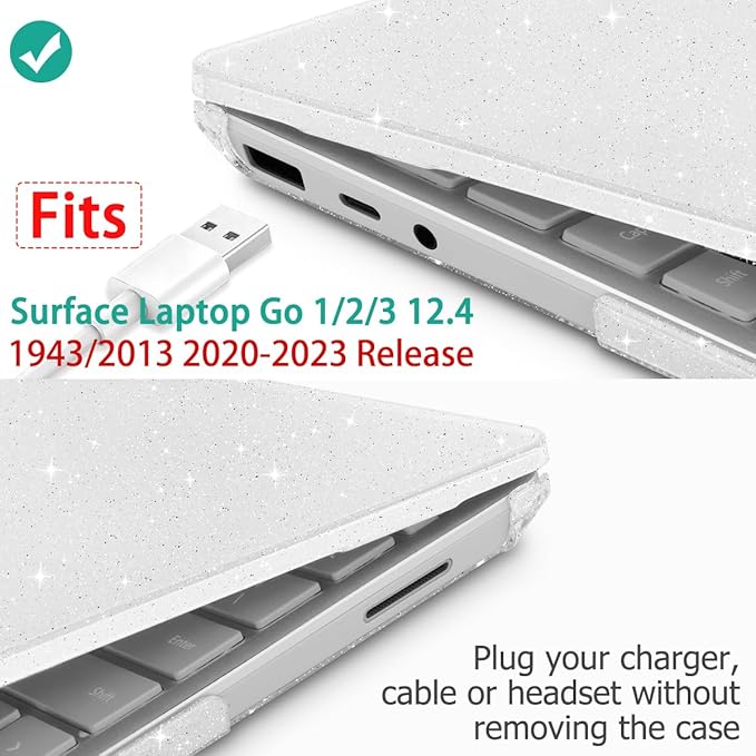 Tuiklol Case for 12.4 Inch Microsoft Surface Laptop Go 3/2 / 1 2023-2020 Releases, Plastic Hard Shell Case with Screen Protector and Keyborad Cover +Dust Plugs Model 2013/1943, Sparkly Clear