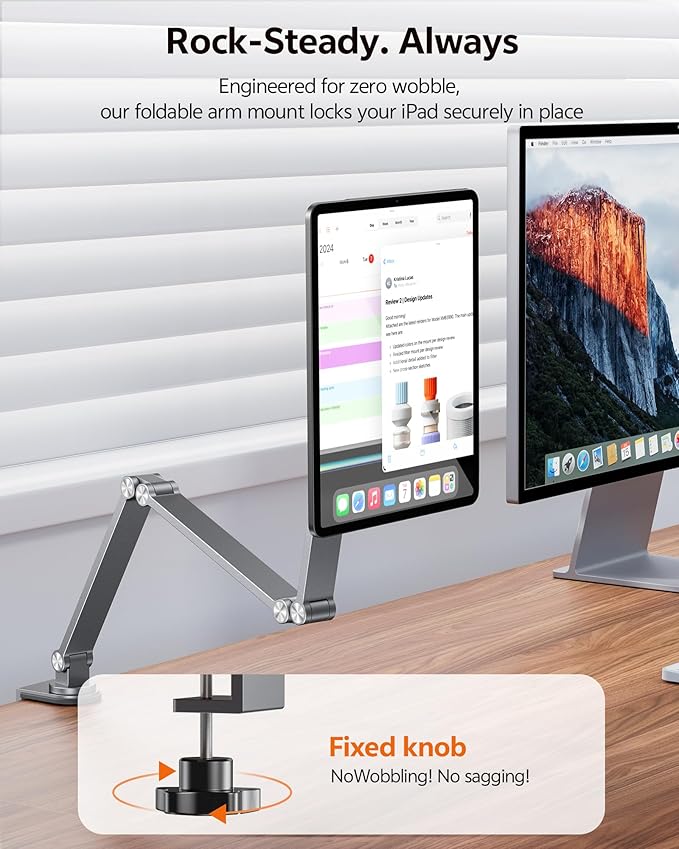 [Upgrade] Magnetic Wireless Charging Stand for iPad Pro 11" Gen1-4 / Air 11" M3/M2 / Air 10.9" Gen4-5, Rock Steady iPad Stand for Desk with Foldable Aluminum Arm, Adjustable Tablet Mount with 2M Cable