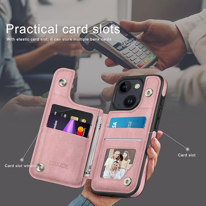DJDUCK Designed for iPhone 14 Case Wallet with Card Holder, [Magnetic Clasp Cover] [RFID Blocking Leather Protection] Shockproof Women Men Cases 6.1 Inch for Apple 14 Pink