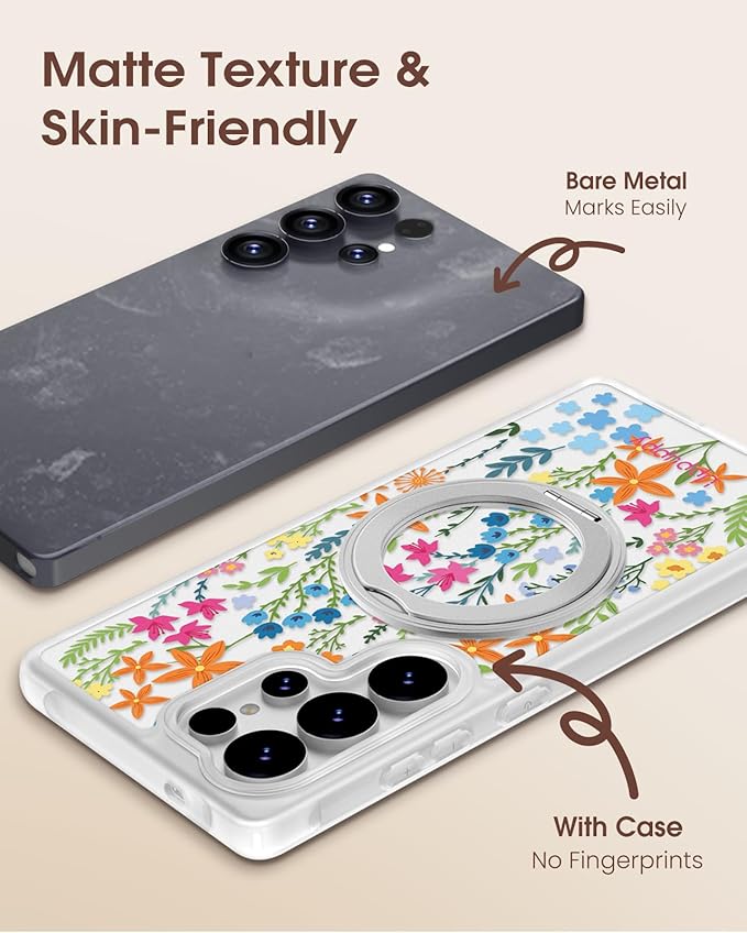 for Samsung Galaxy S25 Ultra Case with 360° Rotatable Magnetic Ring - Compatible with MagSafe, Semi-Transparent Soft-Touch Material Shockproof, Cute Colors Flower Design for Women Girl