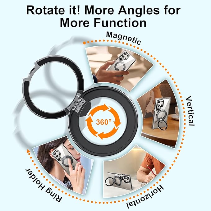 for Samsung Galaxy S24 Ultra Case,Compatible with Magsafe,with 360°Rotatable Magnetic Ring Stand [Wireless Charging], Clear Slim Soft Edge Phone Kickstand,Clear & Black