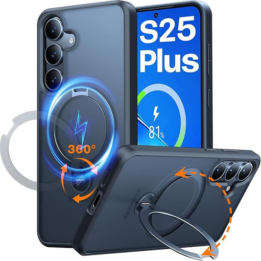 TORRAS 360Spin for Samsung Galaxy S25+ Plus Case with Stand, Fit for MagSafe 3X Military Grade Protective, Rotatable Kickstand for Samsung S25 Plus Case, Magnetic Ring Slim, Matte Black 6.7