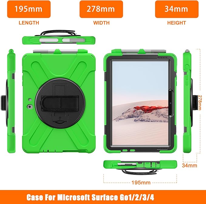 ZenRich Rugged Case for Surface Go 4 (2023)/Surface Go 3 (2021)/ Surface Go 2 (2020), Surface Go (2018) with Pen Holder Heavy Duty Shockproof Case with Stand Hand Strap and Shoulder Belt-Green