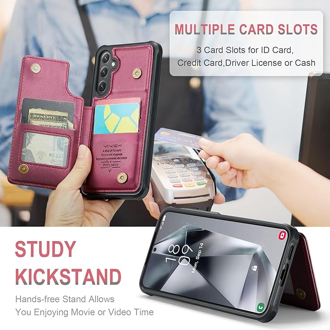 Vinich for Samsung Galaxy S24 Wallet Case with Card Holder, RFID Blocking Credit Slots Kickstand Shockproof Phone Cover for Women Men, Wine Red