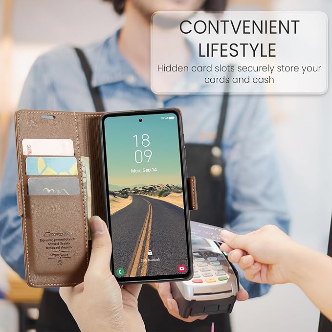 Case for Samsung Galaxy S23 FE Wallet Case, RFID Blocking PU Leather Flip Folio Cover Card Holder Kickstand Shockproof Phone Case Compatible with Samsung Galaxy S23 FE, Brown