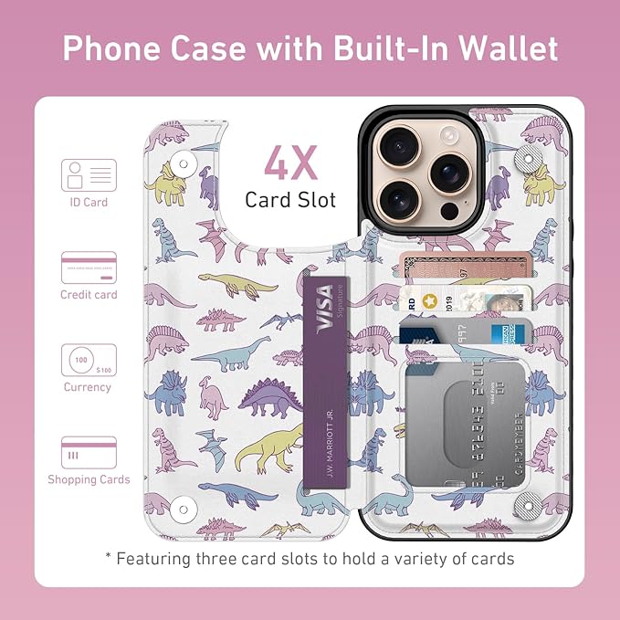 FUNMIKO for iPhone 16 Pro Max Wallet Case with Card Holder, RFID-Blocking, Military-Grade Protection & UV-Printed Artwork, Magnetic Closure with Leather Kickstand - Vibrantly Cute Dinosaur