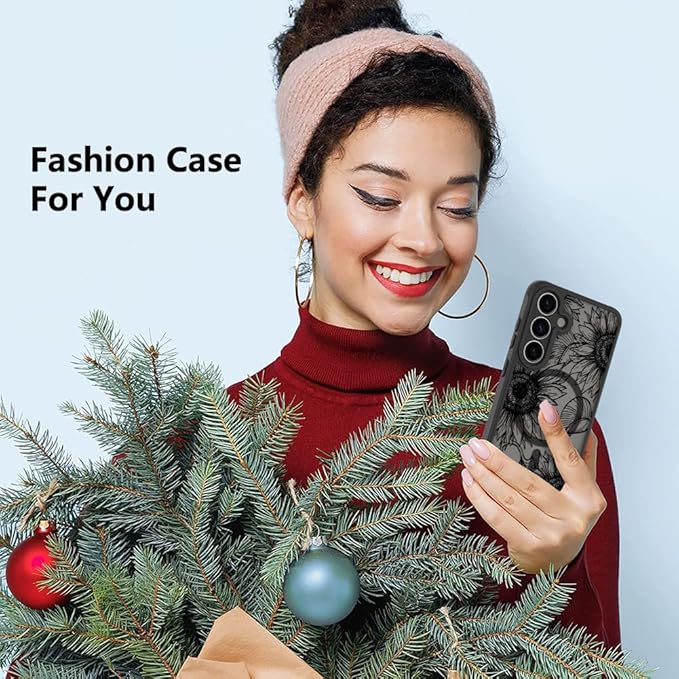 Fiyart Designed for Samsung Galaxy S25 Case Matte Flowers Design Compatible with MagSafe,Cute Sunflowers Anti-Scratch Translucent Phone Cover for Women Girls 6.1"-Black