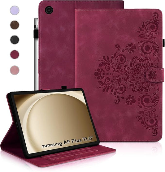 Case for Galaxy Tab A9+ Case 11 Inch, Retro Samsung Galaxy Tab A9 Plus Cover SM-X210/215 with Carved Flap, Magnetic Buckles Design, Stand Function Wine Red