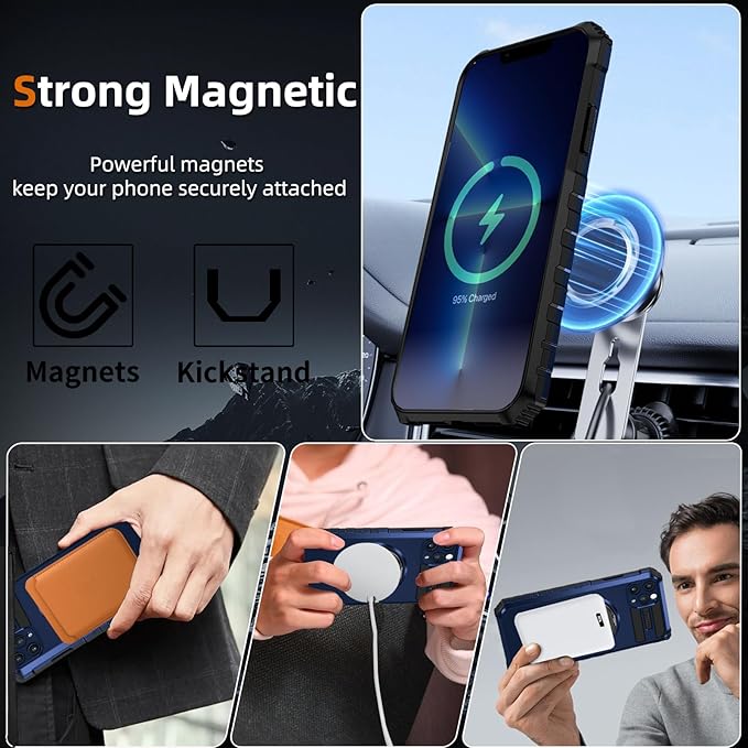 for iPhone 13 Pro Max Case Magnetic Compatible with Wireless Charging,Phone Case with 2 Screen Protectors,Built-in Kickstand Ring Military Grade Drop Shockproof Heavy Duty Protection Blue