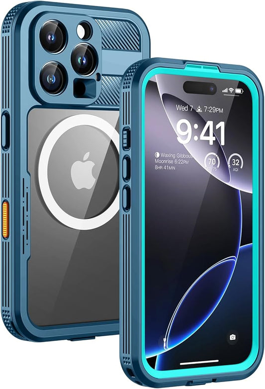 Lanhiem Magnetic for iPhone 16 Pro Case, IP68 Waterproof Dustproof Case, [Compatible with Magsafe] [Built-in Screen Protector] Full Body Heavy Duty Rugged Phone Cover 6.3 inch, Blue/Clear