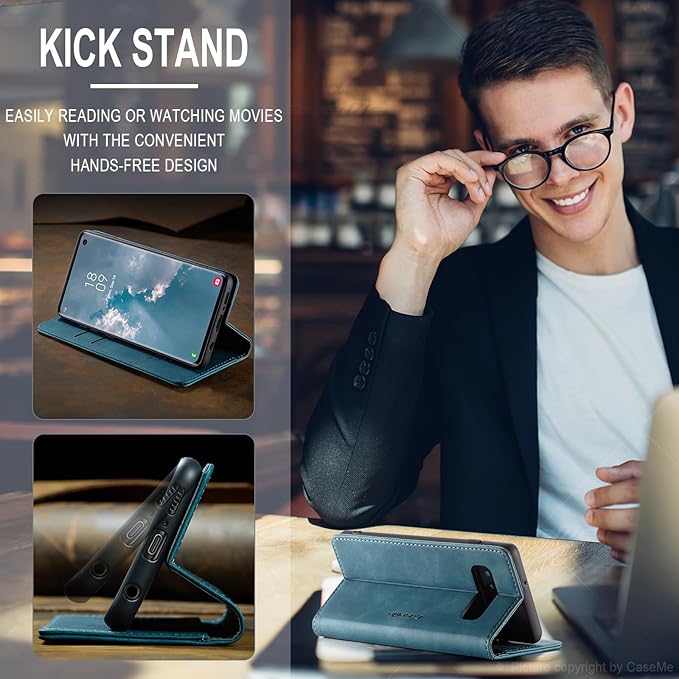 for Samsung Galaxy S10 Case, Flip Wallet Leather Case with Card Holder Magnetic Closure Shockproof Kickstand Protective Phone Cases Cover for Samsung S10,Blue-Green