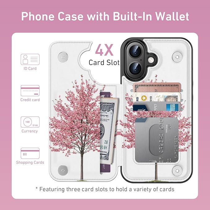 FUNMIKO for iPhone 16 Plus Wallet Case with Card Holder, RFID-Blocking, Military-Grade Protection & UV-Printed Artwork, Magnetic Closure with Leather Kickstand - Blooming Cherry Tree