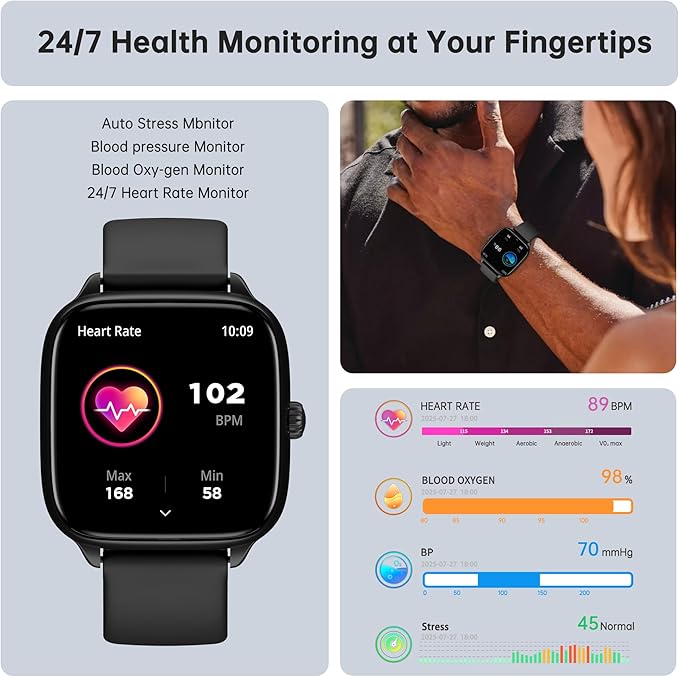 Health Fitness Tracker (Answer/Make Calls), Smart Watch with 24/7 Heart Rate Monitor, Activity Tracker with Blood Pressure, Blood Oxygen, 120+ Sport Modes Sleep Tracker for Women Men (Black)