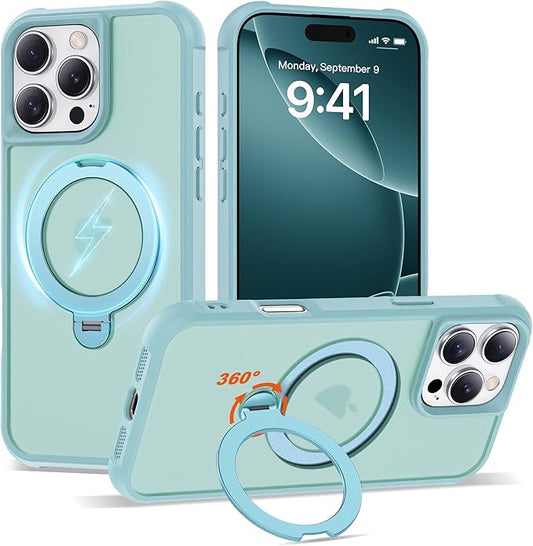 Compatible with iPhone 16 Pro Max Case with Invisible Magnetic 360°Spin Stand,Military-Grade Shockproof Protection [Compatible with Mag-Safe] Non-Slip Edge Translucent Case (6.9",Blue)