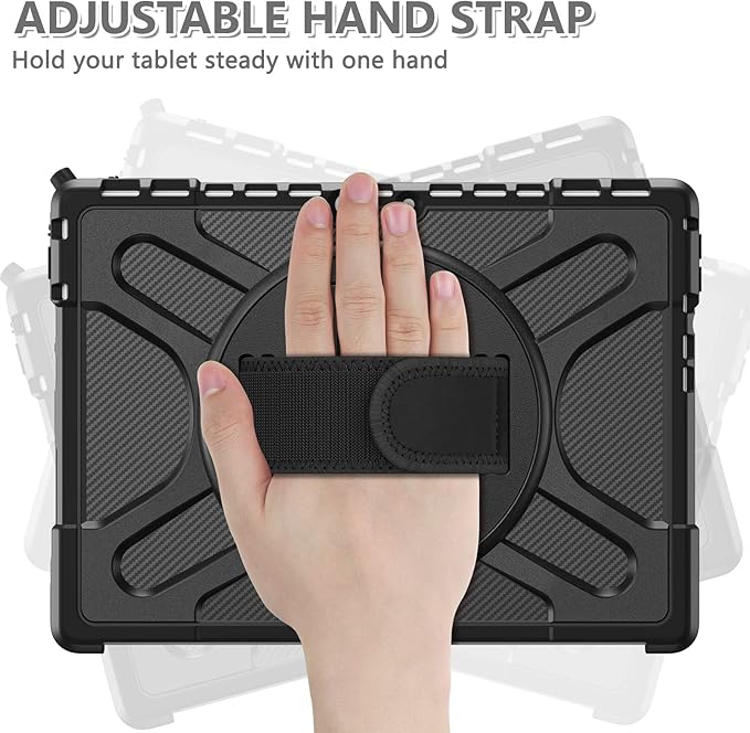 Junfire Protective Case for Microsoft Surface Pro 11/Pro 10/Pro 9, Shockproof Rugged Case 13 inch with 360°Rotatable Kickstand/Hand Strap/Stylus Holder, Compatible with Type Cover Keyboard-Black