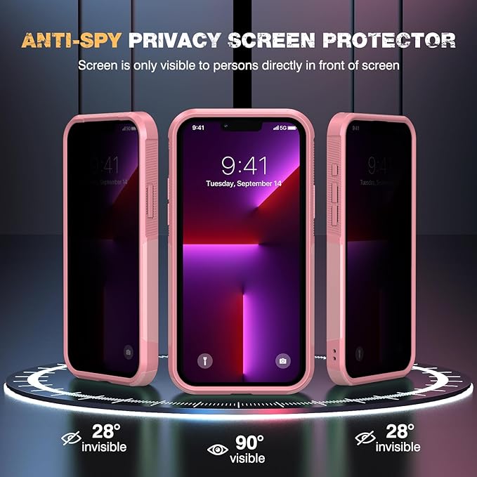 Diaclara Designed for iPhone 13 Pro Max Case, [with Privacy Screen Protector] [Anti Spy] [Military Grade Drop Protection] Heavy Duty Full-Body Shockproof Phone Case, Pink