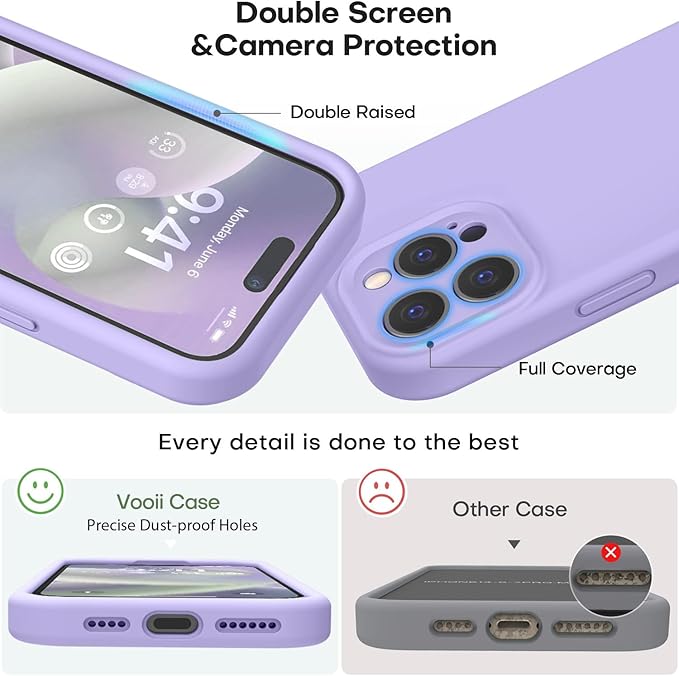 Vooii Compatible with iPhone 15 Pro Case, Upgrade Liquid Silicone, [Enhanced Camera Protection] [Soft Anti-Scratch Microfiber Lining] Shockproof Phone Case for iPhone 15 Pro 6.1 inch - Light Purple