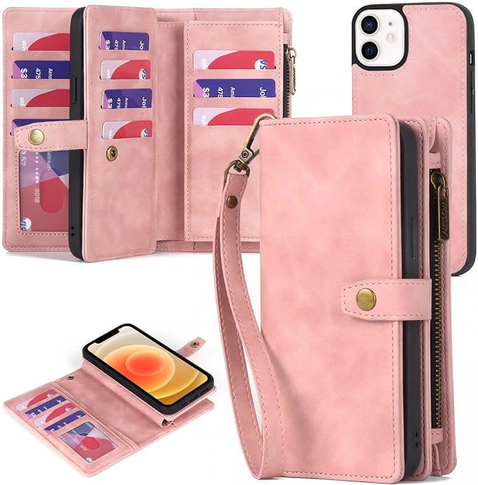 TwoHead for iPhone 12/12 Pro Wallet Case with Card Holder & Detachable Magnetic Phone Case,Leather All-Round Protection Phone Case for Women/Men,6.1IN,Pink