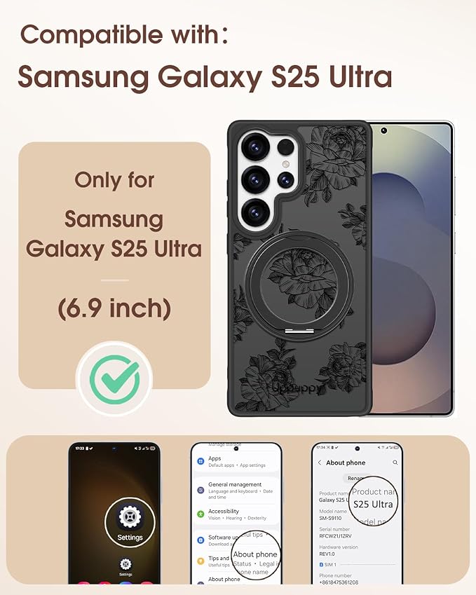 for Samsung Galaxy S25 Ultra Case with 360° Rotatable Magnetic Ring - Compatible with MagSafe, Semi-Transparent Soft-Touch Material Shockproof, Cute Line Art Flower Design for Women Girl