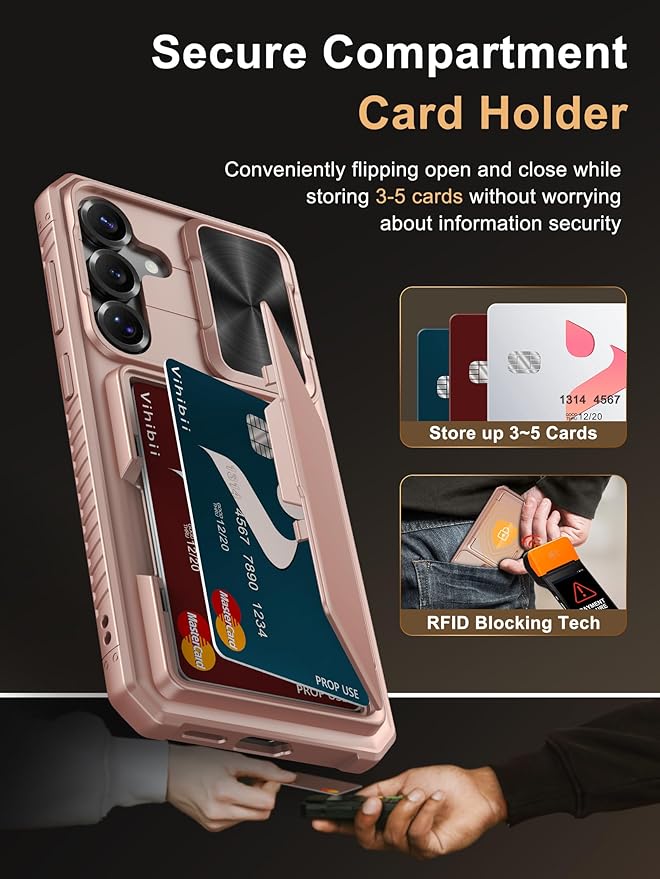 Vihibii for Samsung Galaxy S25+ Plus Case with Card Holder (4 Cards), [RFID Blocking] & Slide Camera Cover, Military Grade Drop Protection, Rugged Wallet Case for Galaxy S25+ Plus 6.7" 5g, Rose Gold