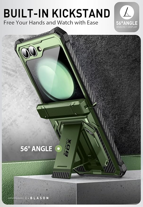 i-Blason for Samsung Galaxy Z Flip 7 FE Case, Z Flip6 Case with Stand, [Built-in Screen Protector] [Hinge Protection] [Belt-Clip], Military Phone Case for Samsung Z Flip 7 FE/6/5, Armorbox, DarkGreen