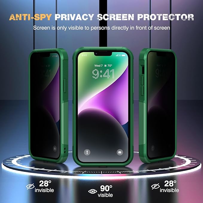 Diaclara Designed for iPhone 14 Case, [with Privacy Screen Protector] [Anti Spy] [Military Grade Drop Protection] Heavy Duty Full-Body Shockproof Phone Case, Green