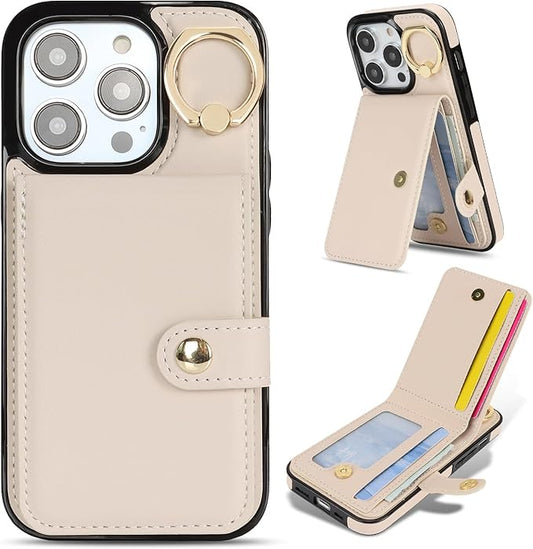 Compatible iPhone 16 Pro Max Wallet Case with Card Holder RFID Blocking PU Leather Doubles as a Wallet Unisex Flip Shockproof Protection with Card Slots Ring Wrist Kickstand Function,White