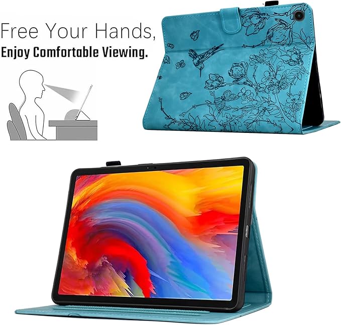 KEROM Case for Samsung Galaxy Tab A9+ Plus 11 Inch 2024 2023 (SM-X210/X216/X218), Embossed Suede Leather Folio Stand Cover with Auto Wake/Sleep & Card Slot & Pen Holder - Blue Bird Flower Embossing